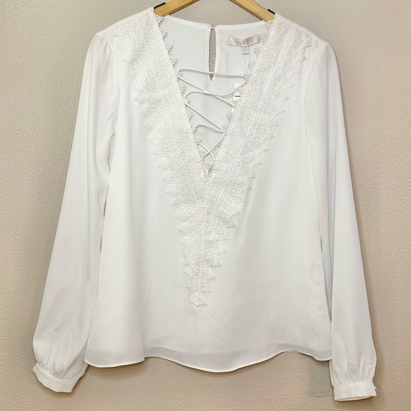 NWT Wayf Lace Up Appliqué Embroidered Ivory Flowy Blouse - Picture 3 of 7